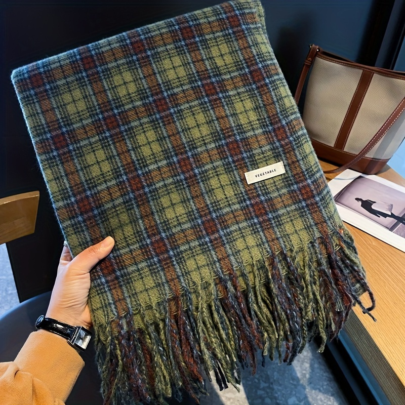 Cashmere Scarf Wrap - Syal rumbai kotak-kotak hijau Vintage syal