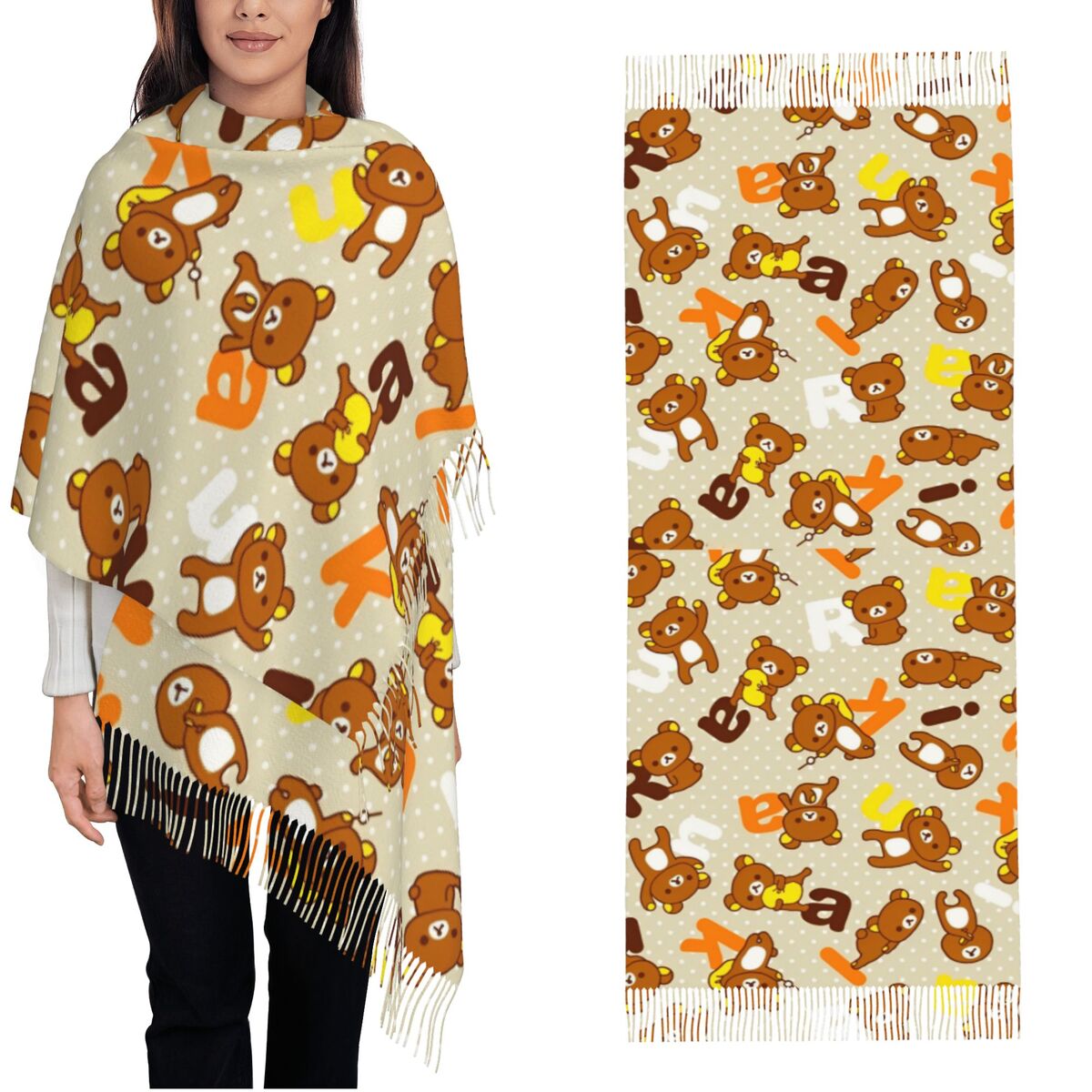 Cashmere Scarf Wrap - Selendang Rumbai Wanita Rilakkuma, Selendang Panjang